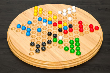 Poster - Chinese checkers on the wooden table, 3D rendering