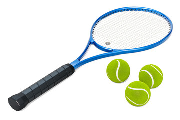 Fototapete - Tennis racket and balls, 3D rendering
