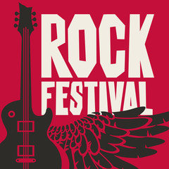 Wall Mural - Vector poster or banner for Rock Festival with an electric guitar and wing on red background.