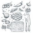 Cooking meat steak, vector sketch illustration. Restaurant, steak house menu design elements.