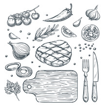 Cooking Meat Steak, Vector Sketch Illustration. Restaurant, Steak House Menu Design Elements.
