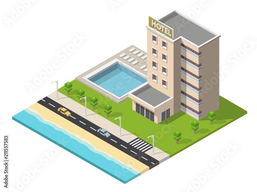 Cuadros en Lienzo Isometric hotel building with pool low poly illustration