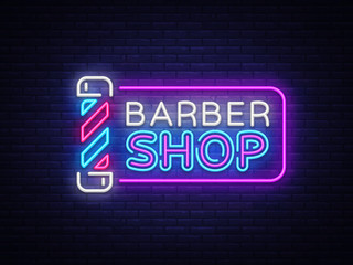 Wall Mural - Barber Shop sign vector design template. Barber Shop neon logo, light banner design element colorful modern design trend, night bright advertising, bright sign. Vector illustration.