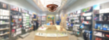 CCTV Security Panorama With Shop Store Blurry Background.