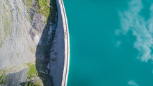 Aerial View Of The Dam Of The Lake Barbellino, An Alpine Artificial Lake. Italian Alps. Italy