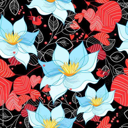 Seamless bright pattern of flowers and leaves Fotobehang