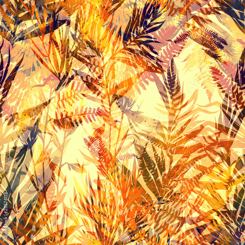 Fototapeta na wymiar imprints autumn jungle leaves mix repeat seamless pattern. watercolour and digital hand drawn picture. mixed media artwork. endless texture for textile decor and design