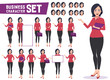 Business woman character vector set with professional young female employee or teacher standing in different gestures and pose for business presentation. Vector illustration.
