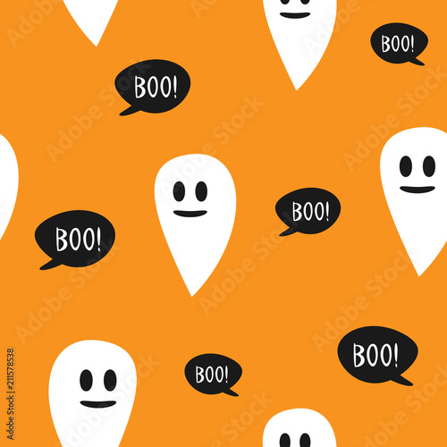 Fotografia, Obraz Repeating funny ghosts and speech bubbles with text Boo! Cute seamless pattern for children