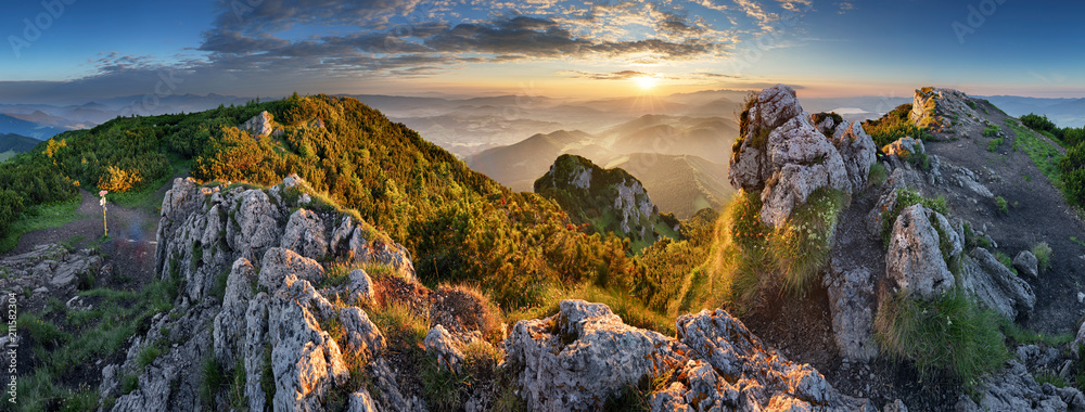 Landcape of mountain at sunset panorama from peak Velky Choc, Slovakia - obrazy, fototapety, plakaty 