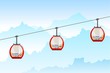 Color image of a cable car in the mountains. Three bright cabin cable car in Cartoon style on nature background. Vector illustration
