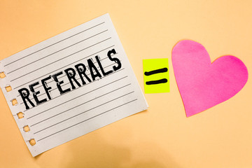 Poster - Conceptual hand writing showing Referrals. Business photo showcasing Act of referring someone or something for consultation review Love equation memory thought orange heart lovely art papers.