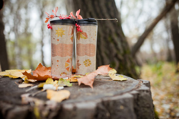 two thermos stand on the stump in autumn