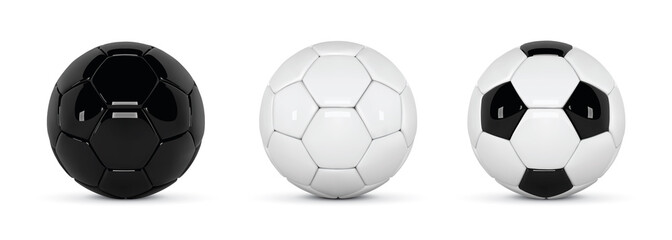 Set of realistic soccer balls or football ball on white background. 3d Style vector Ball. Soccer black and white balls