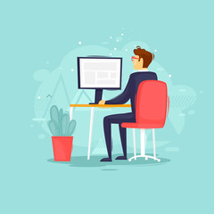 Businessman sitting at computer, office, interior, character. Flat design vector illustration.