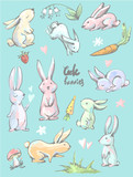 Fototapeta Dinusie - Big collection of cute cartoon style hares in different positions , bunnies with carrots, hearts, mushroom, grass, flowers, strawberry and lily of the valley