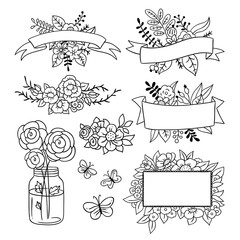 Wall Mural - Vintage illustrations outline hand drawn set. Florals, frames, ribbons, banners and labels