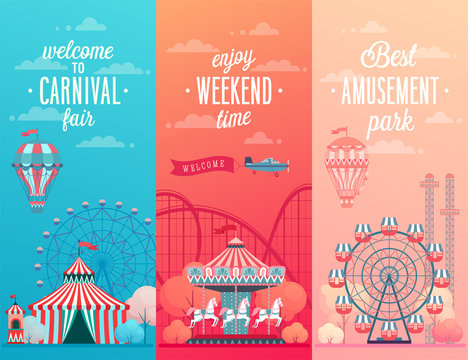 Fototapete - Set of Amusement park landscape banners with carousels,