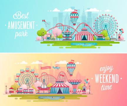 Fototapete - Amusement park landscape banners with carousels, roller coaster and air balloon.