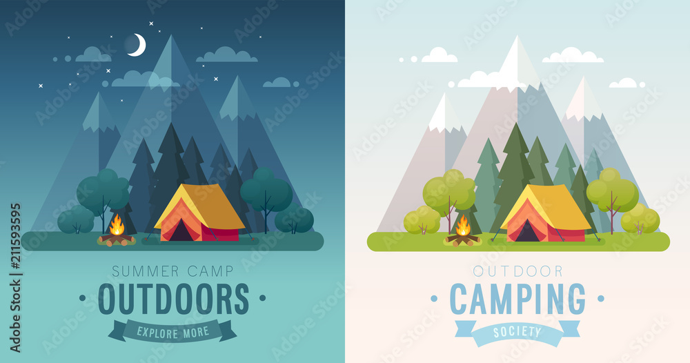Summer Camping morning and night graphic posters. Banners with mountains, trees, tent and campfire. - obrazy, fototapety, plakaty 