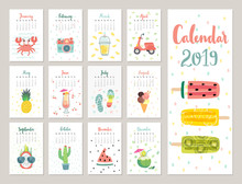 Calendar 2019. Cute Monthly Calendar With Lifestyle Objects, Fruits, And Plants.