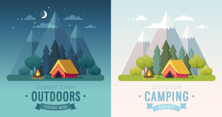 Wall Mural - summer camping morning and night graphic posters. banners with mountains, trees, tent and campfire.