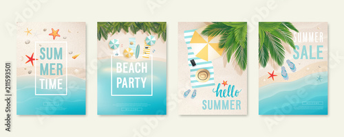 Tropical beach cards with sand, sea and palm trees Wallpaper Mural