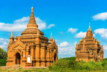 View of ancient pagodas in Bagan, Myanmar. Copy space for text.