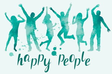 Watercolor Illustration with happy people silhouettes