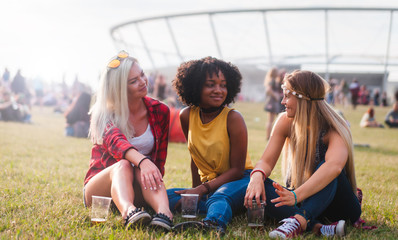 Wall Mural - Group of multiethnic friends drinking beer ang sitting together at summer music festival