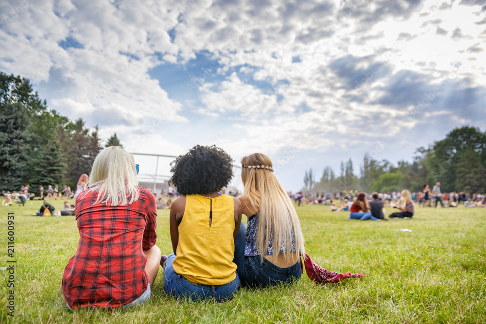 Group of friends at summer music festival sitting on grass - obrazy, fototapety, plakaty 
