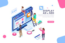 Coding People Team Work Together. Seo Optimization For Target Searching Process. Pay Click Social Content Development Tool. Flat Isometric Characters Vector Illustration. Display Campaign.