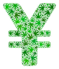 Wall Mural - Japanese yen mosaic of weed leaves in various sizes and green tones. Vector flat cannabis leaves are composed into Japanese yen mosaic. Herbal vector design concept.