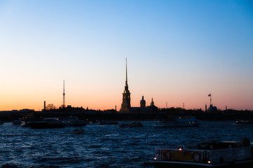 Wall Mural - Bank of the Neva in St. Petersburg at sunset