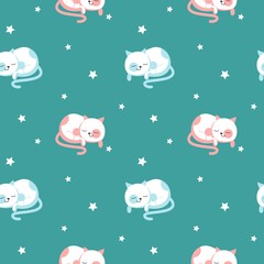 Wall Mural - Funny sleeping cats vector seamless pattern