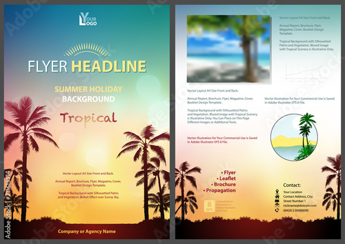 Flyer Template with Sunny Tropical Background - Colorful Sky with Palm Silhou...