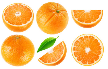 Isolated oranges collection. Whole orange fruits and cut into pieces isolated on white background with clipping path