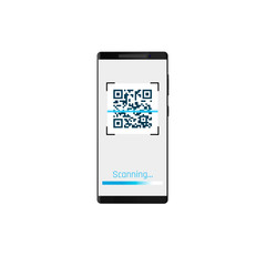 Poster - Mobile phone with app scan QR code on screen. Vector illustration isolated on white background