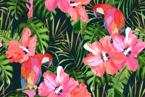 Tropical seamless pattern. Palm tree leaves, flower and parrot. Hand drawn ve...