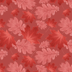 Canvas Print - autumn pattern from dry oak leaves and dry maple leaves on a red background