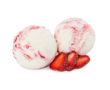 Two Scoops Of Vanilla-strawberry Ice Cream With Fresh Strawberries
