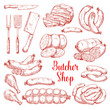 Vector sketch icons of butchery meat products