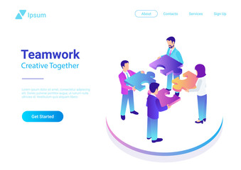 Poster - Isometric Flat vector Management Teamwork Business People Puzzle