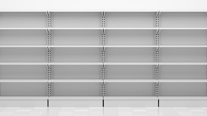 empty supermarket shelves in front of white wall