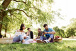 © Syda Productions - friendship, leisure, technology and people concept - group of friends with smartphones chilling on picnic blanket at summer park