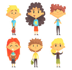 Sticker - Flat vector set of disciples with books and backpacks. Pupils of elementary school. Education theme