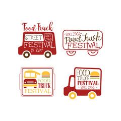 Canvas Print - Vector set of creative logo templates for food truck cafe. Street eating. Fast food theme. Design for promo poster or flyer of festival