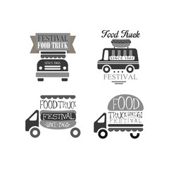 Wall Mural - Vectoe set of monochrome logos for food truck festival. Original emblems with lettering. Design for advertising poster, banner or flyer