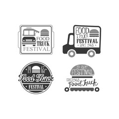 Wall Mural - Vector set of 4 logo templates for food truck cafe. Burger cafe on wheels. Creative monochrome emblems