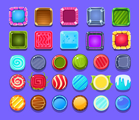 Poster - Cartoon vector set of bright and shiny mobile or computer game assets. Circles and squares with various patterns. Elements for gaming interface